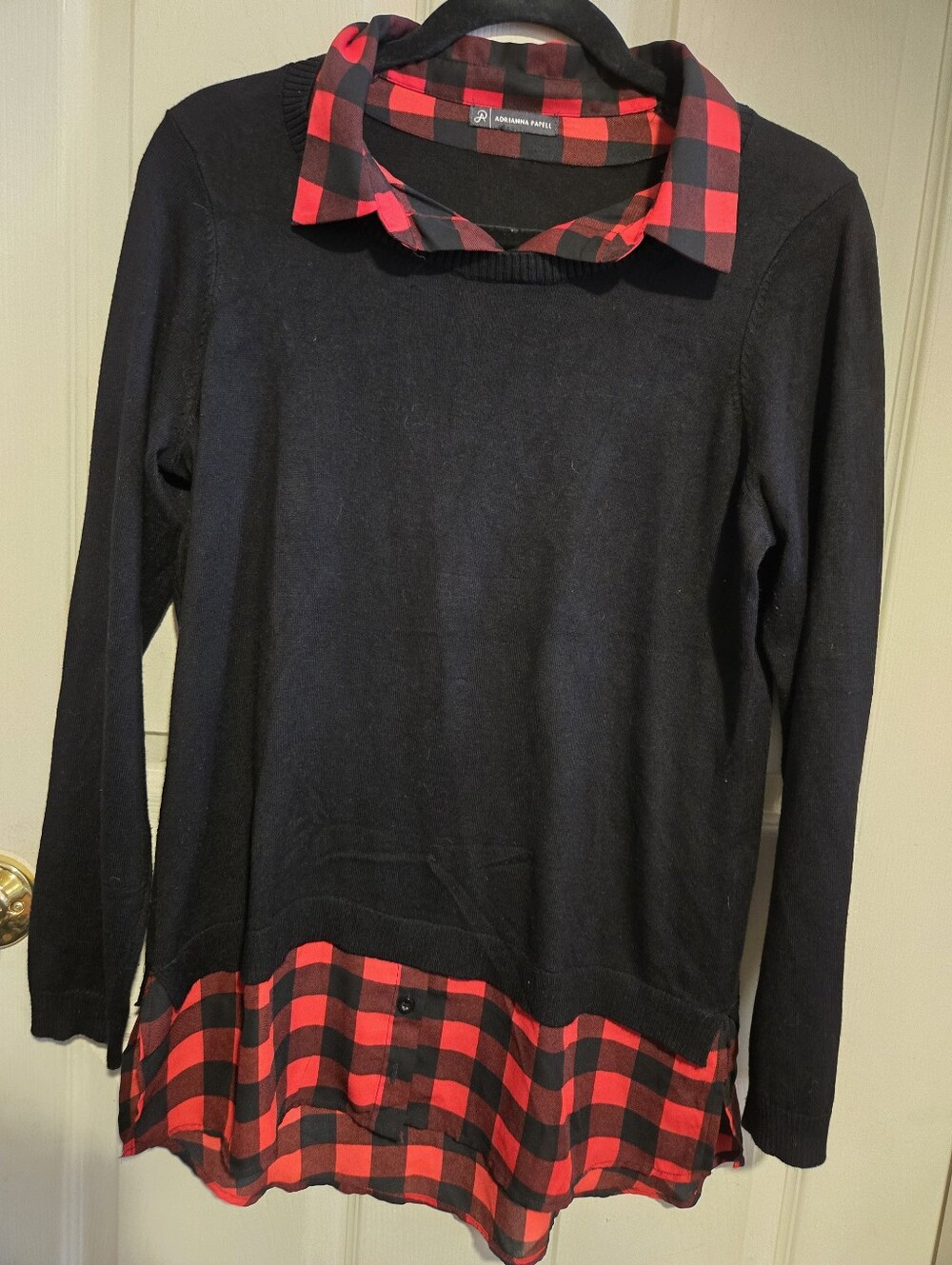 Adrienne Vittadini Black Sweater with Red Plaid Trim